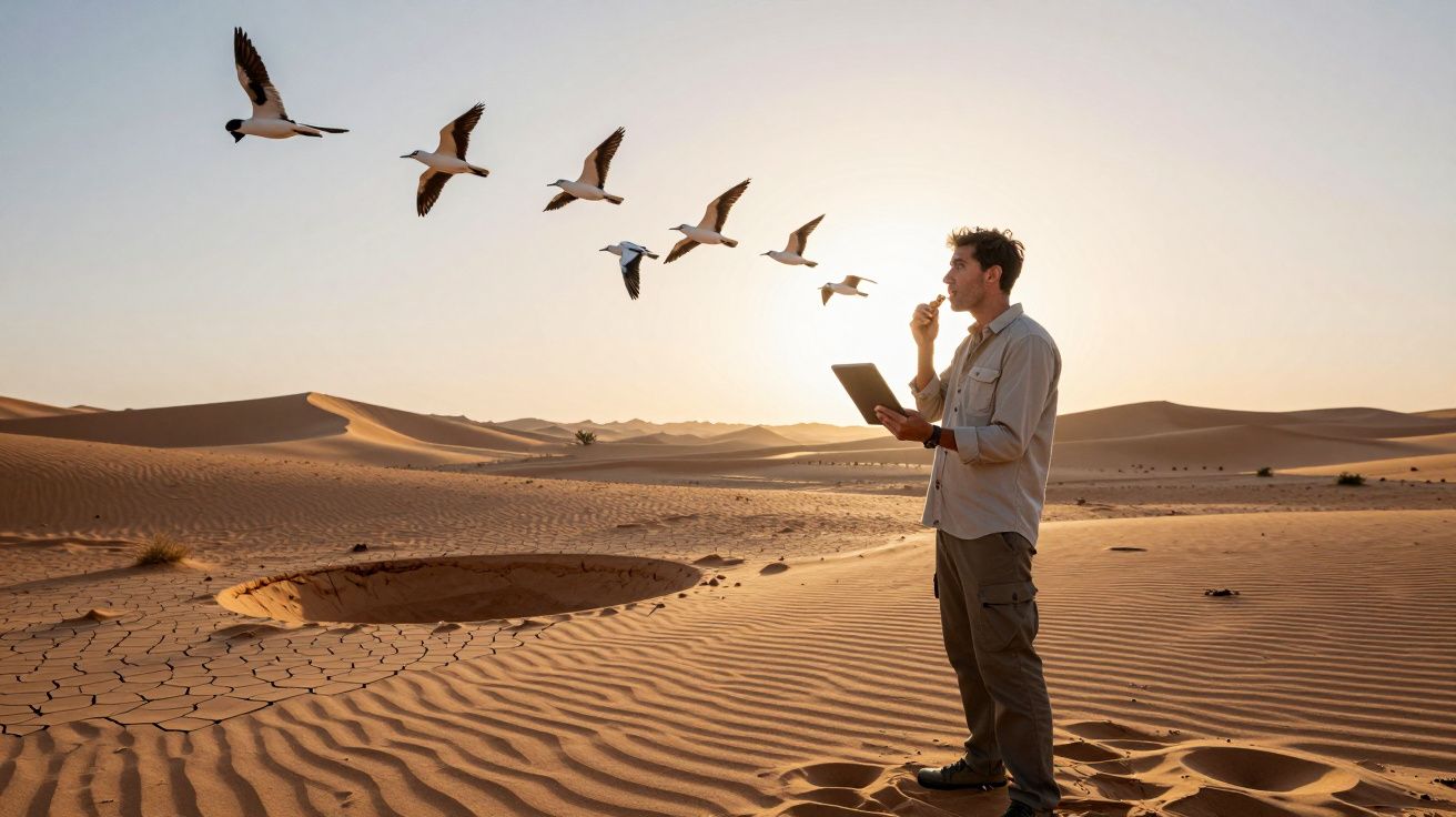 Homem com tablet no deserto observa pássaros voando ao pôr do sol entre dunas de areia seca.
