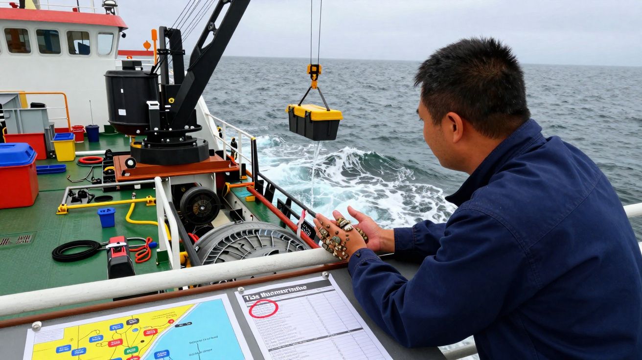 Homem a observar equipamento a ser içado para um barco no mar, com mapa e folhas sobre a mesa à frente.