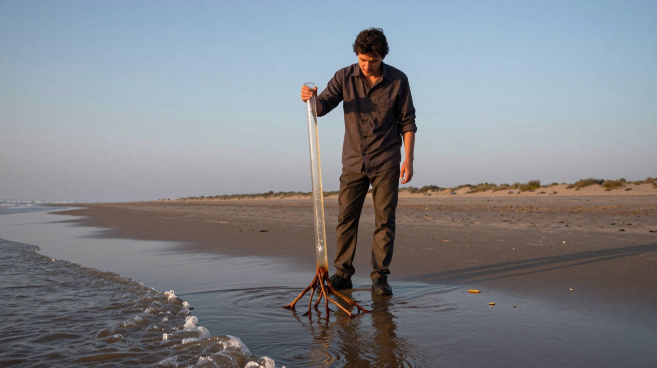 Homem de pé na praia segurando planta aquática com raízes expostas à beira-mar ao entardecer.