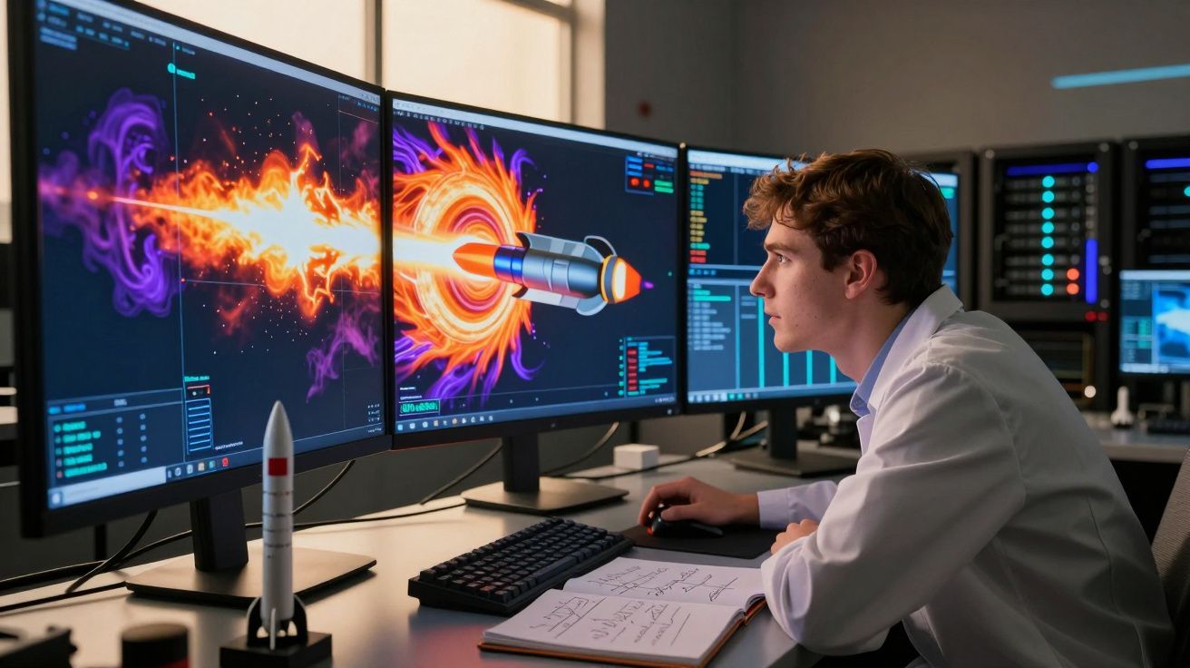 Homem a analisar simulações digitais de foguete em três ecrãs num laboratório tecnológico moderno.