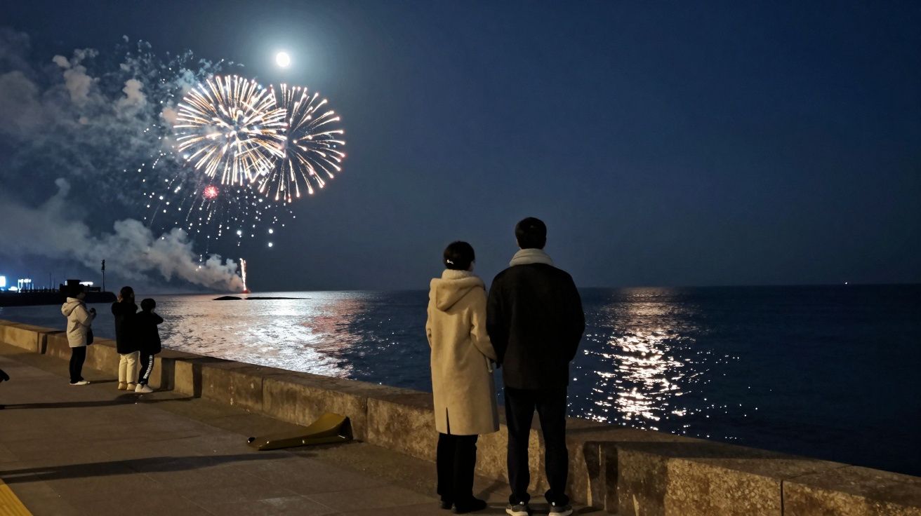 Casal de costas observa fogo de artifício à noite na orla marítima iluminada pela lua.