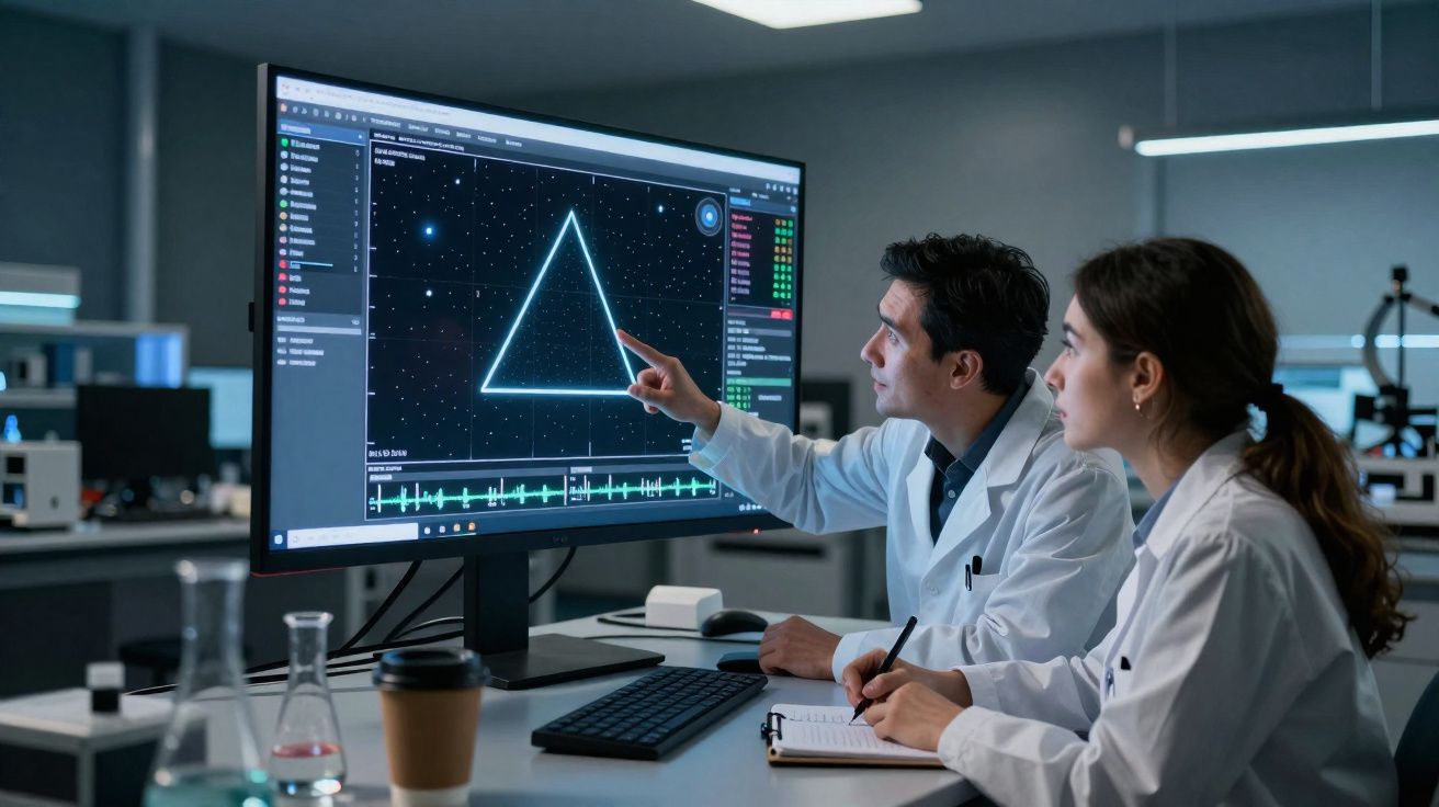 Dois cientistas em jalecos analisam gráfico digital de triângulo num ecrã de computador num laboratório.