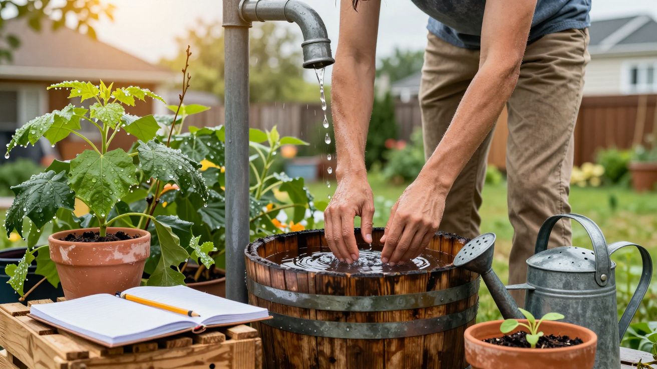 Pessoa regando plantas num jardim, lavando as mãos numa tina de madeira sob torneira ao ar livre.