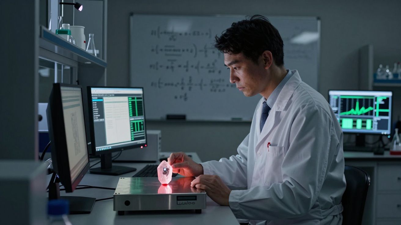 Cientista em bata branca analisa modelo anatómico iluminado num laboratório com computadores e quadro branco.