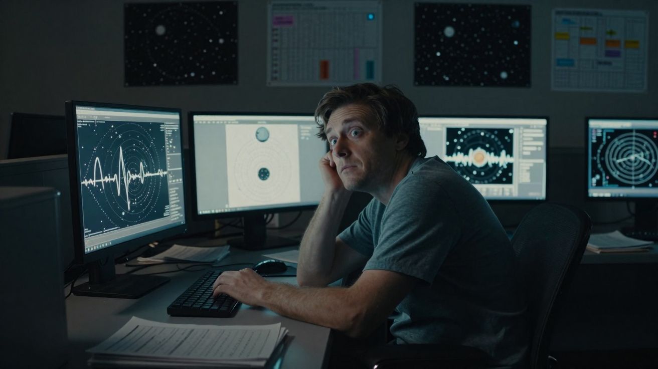 Homem a observar vários ecrãs com gráficos e dados científicos numa sala escura.