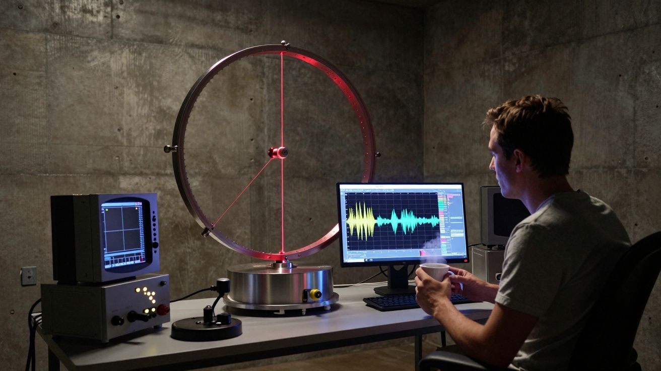 Homem a analisar sinais numa mesa com equipamentos eletrónicos e computador numa sala com paredes de cimento.