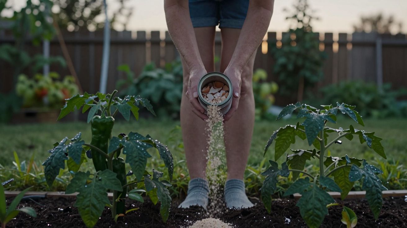 Pessoa a fertilizar plantas de tomate num jardim com granulado e cascas de ovos.