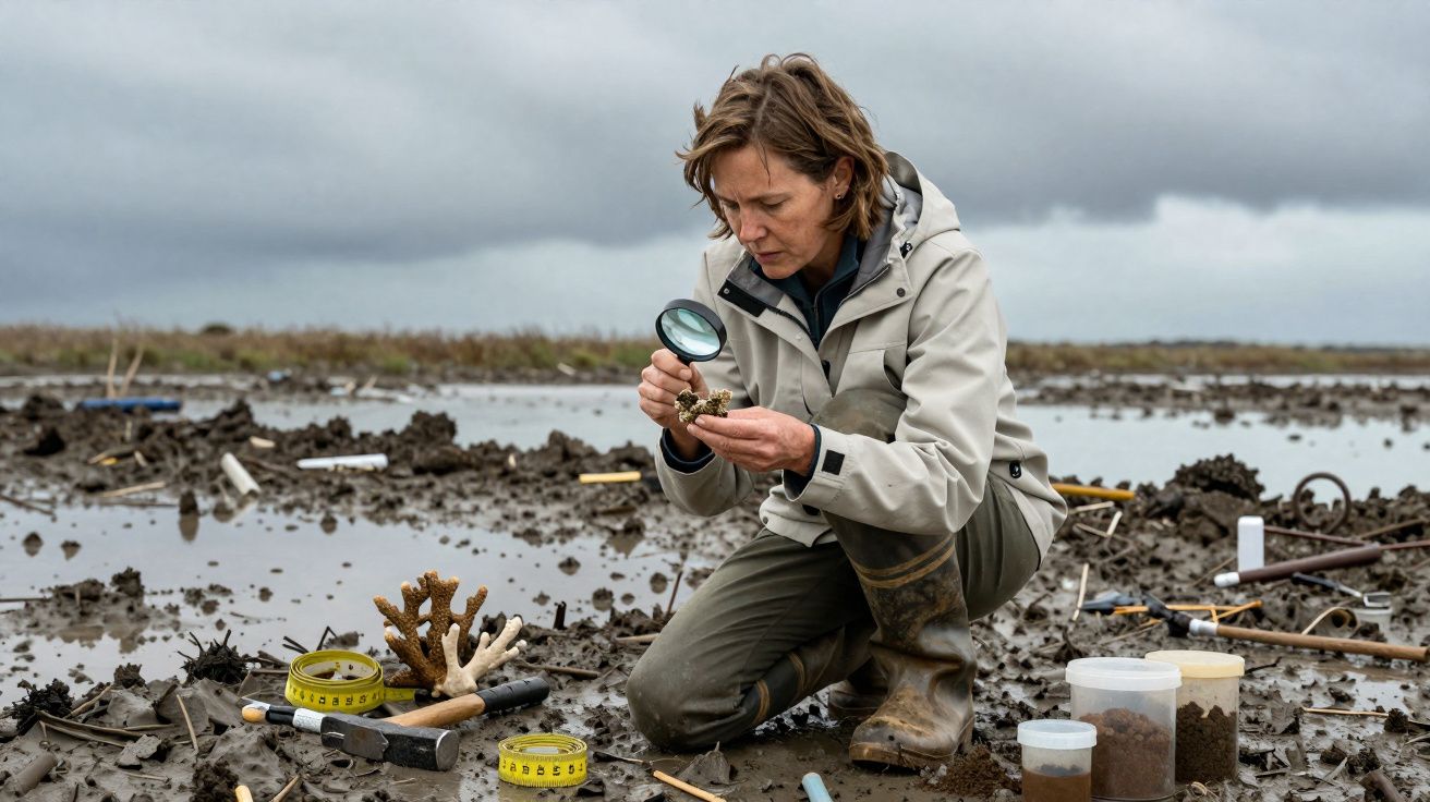 Investigadora analisa fragmento de coral com lupa numa zona húmida com lama e equipamentos de campo ao redor.