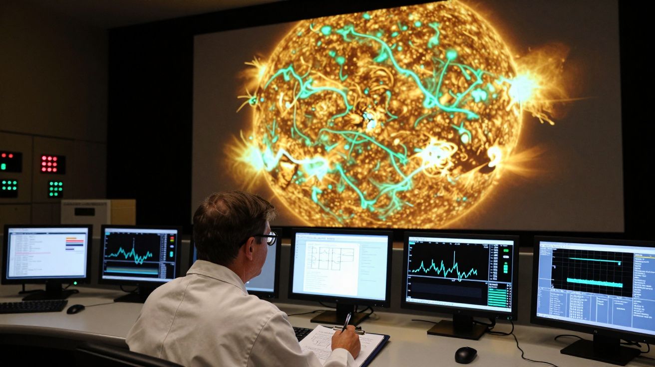 Homem a analisar dados científicos em vários ecrãs com imagem do sol e suas atividades magnéticas ao fundo.