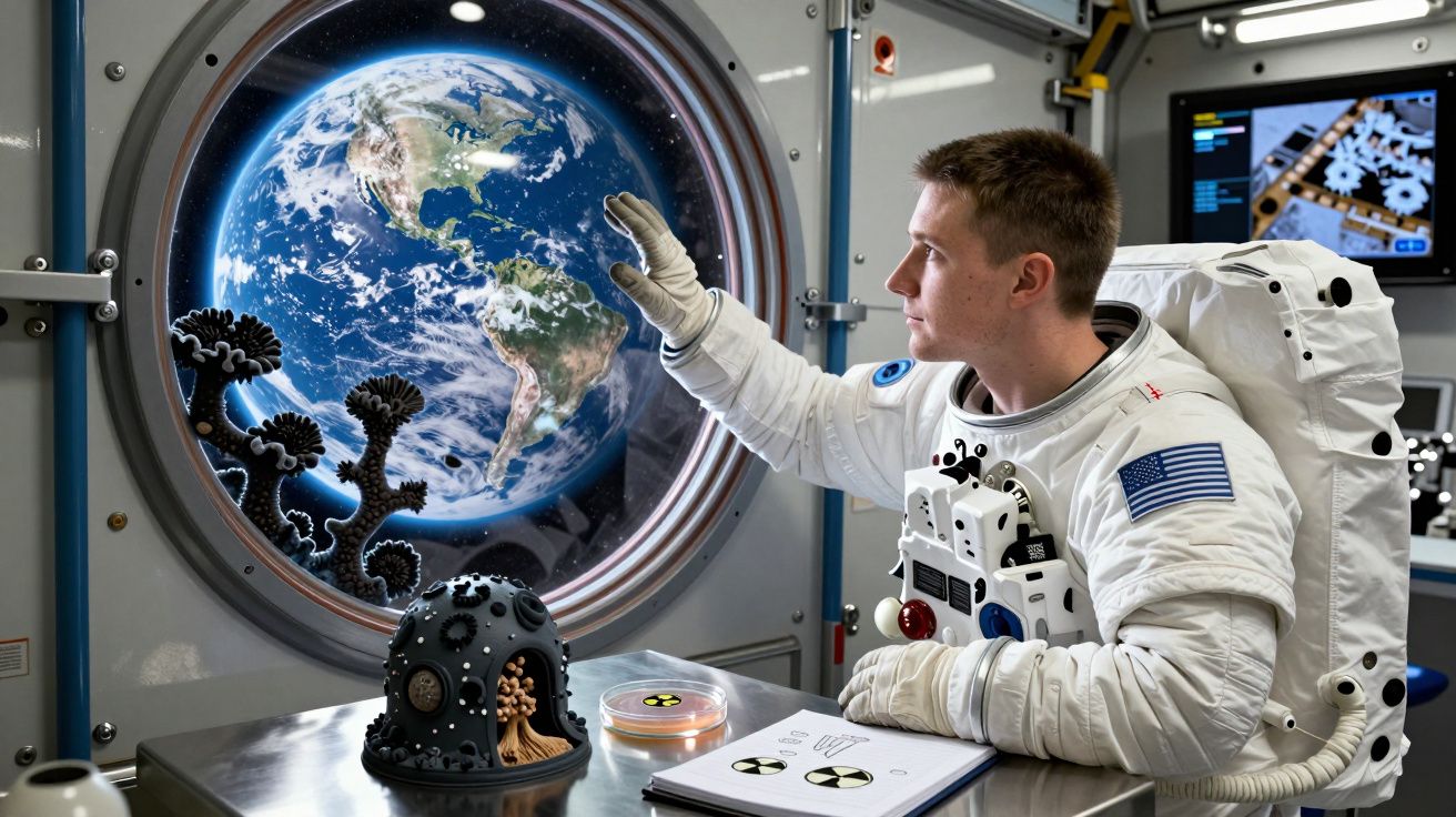 Astronauta dentro de estação espacial observa a Terra através de janela redonda, com equipamento e caderno na mesa.