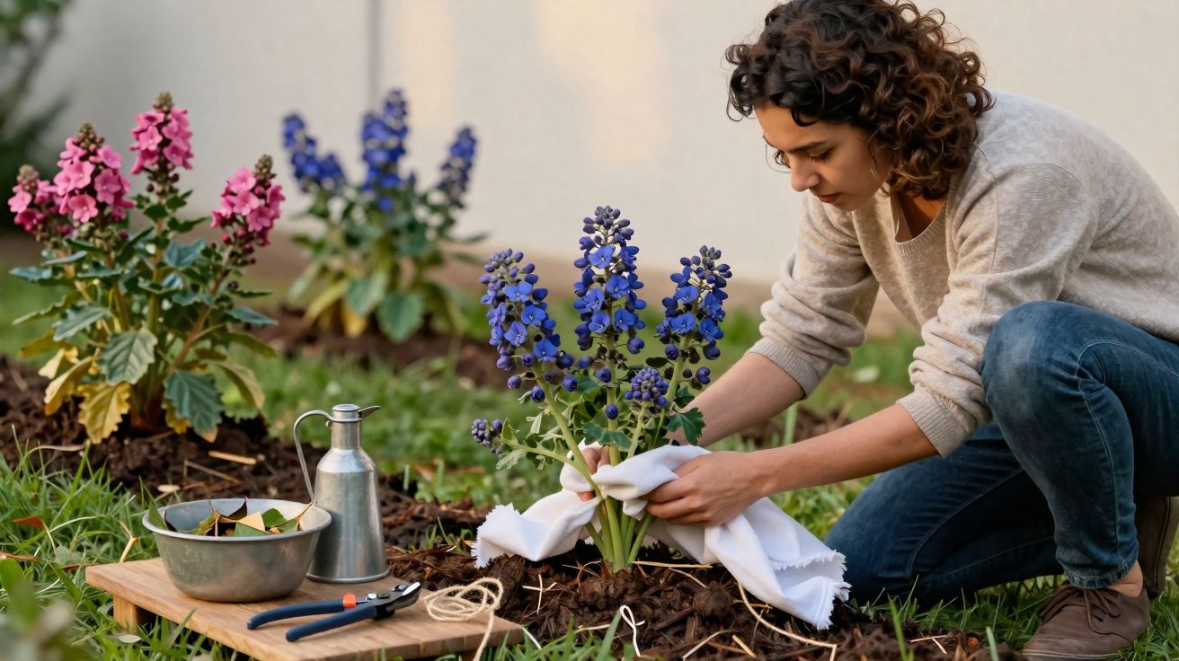 Mulher a cuidar de flores num jardim, enrolando uma planta com um pano branco.