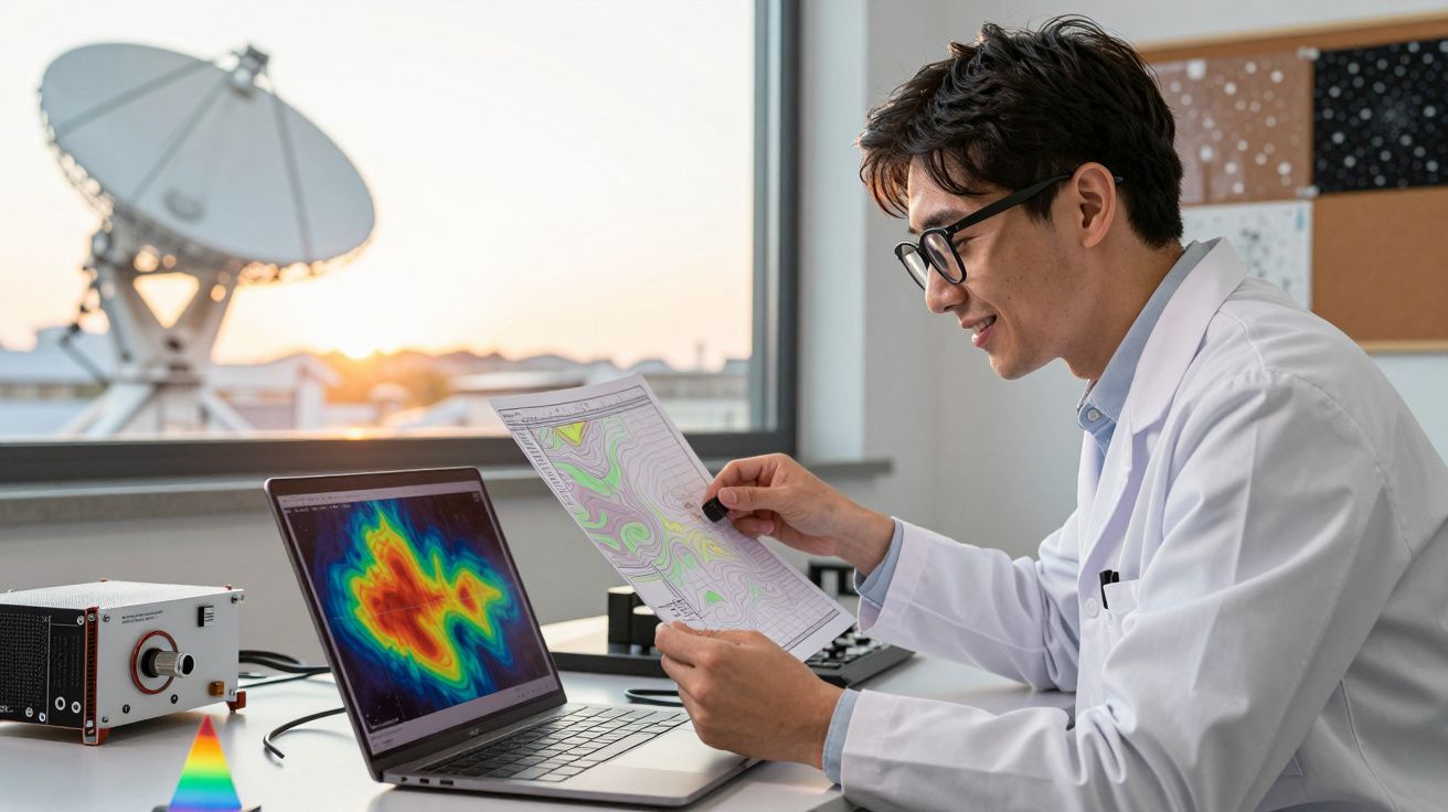 Homem cientista em bata branca analisa mapas geográficos ao computador num laboratório com antena parabólica.