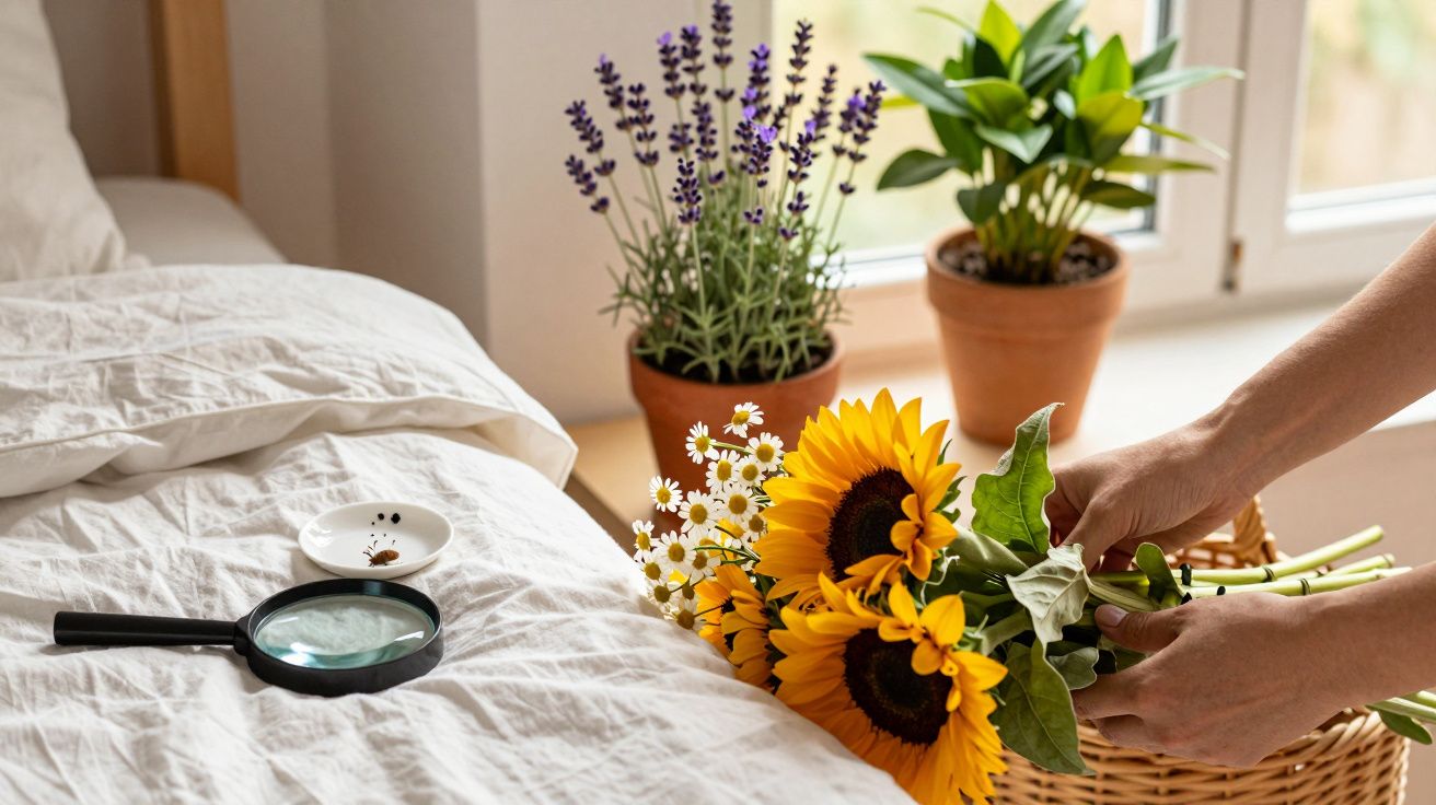 Maçaneta e lupa numa cama com flores, mãos a colocar girassóis num cesto perto de plantas em vaso na janela.