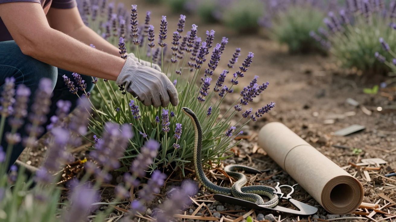 Pessoa com luvas a cuidar de planta de lavanda com cobra no solo perto de ferramentas de jardinagem.