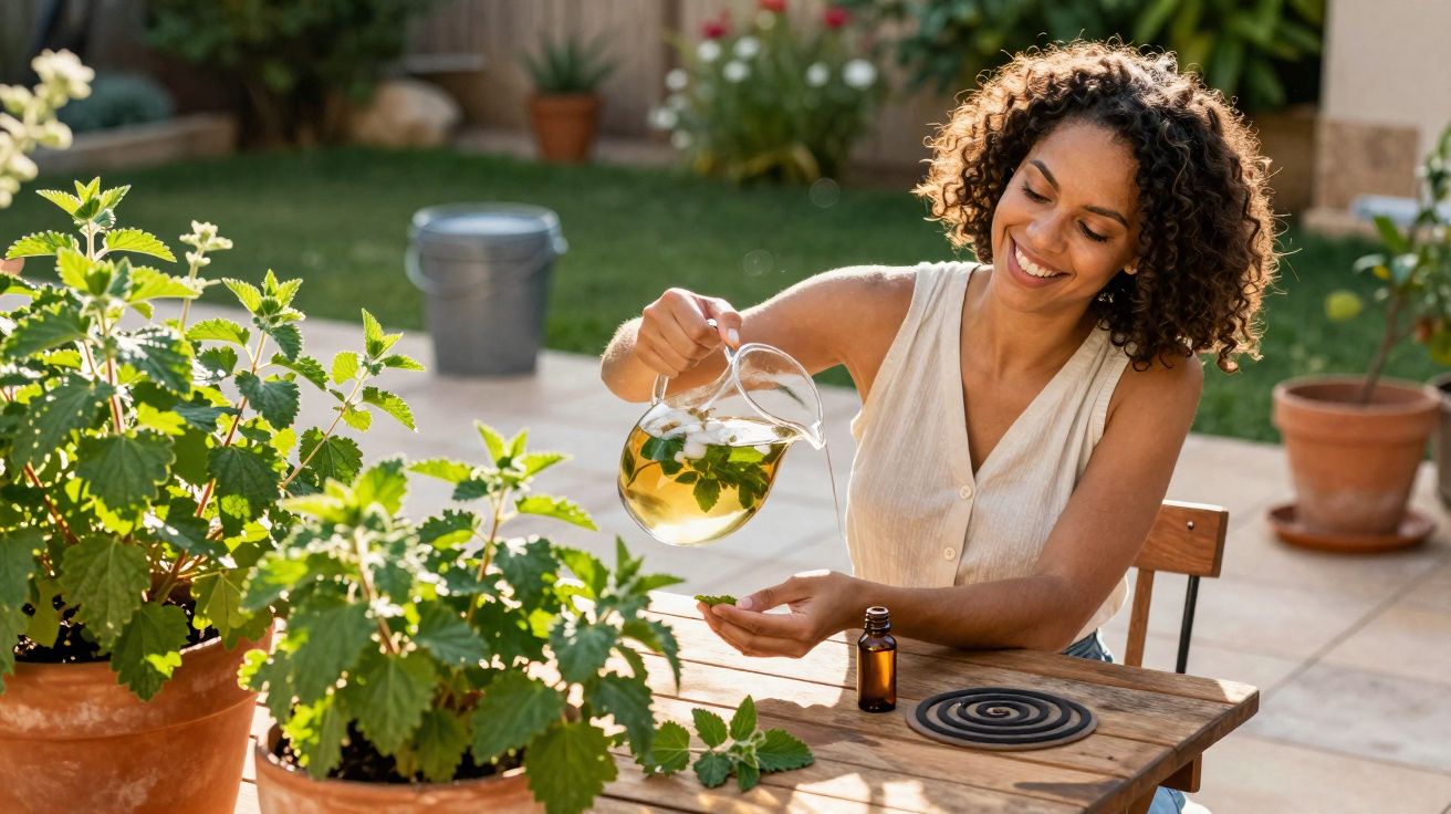 Mulher a preparar infusão de plantas aromáticas sentada numa mesa de madeira num jardim ensolarado.