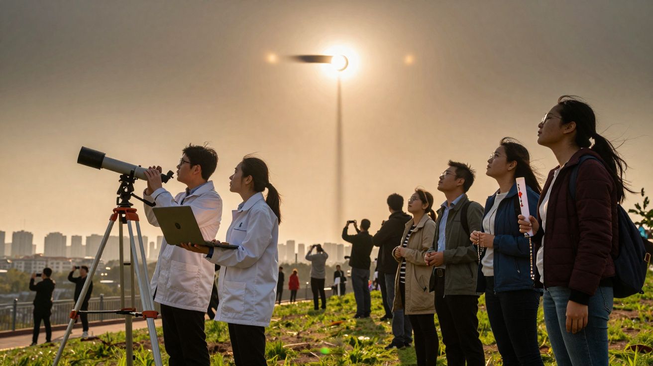 Grupo de pessoas observando e fotografando um eclipse solar com telescópio e dispositivos eletrónicos.