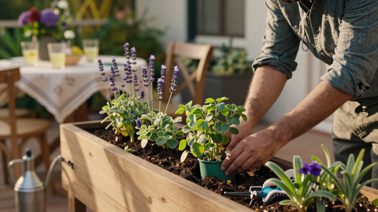 Pessoa a plantar plantas em floreira de madeira numa varanda com regador metálico e mesa ao fundo.