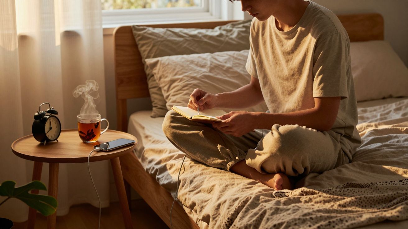 Pessoa sentada na cama a escrever num caderno, com chá quente e telemóvel carregando numa mesa de apoio.