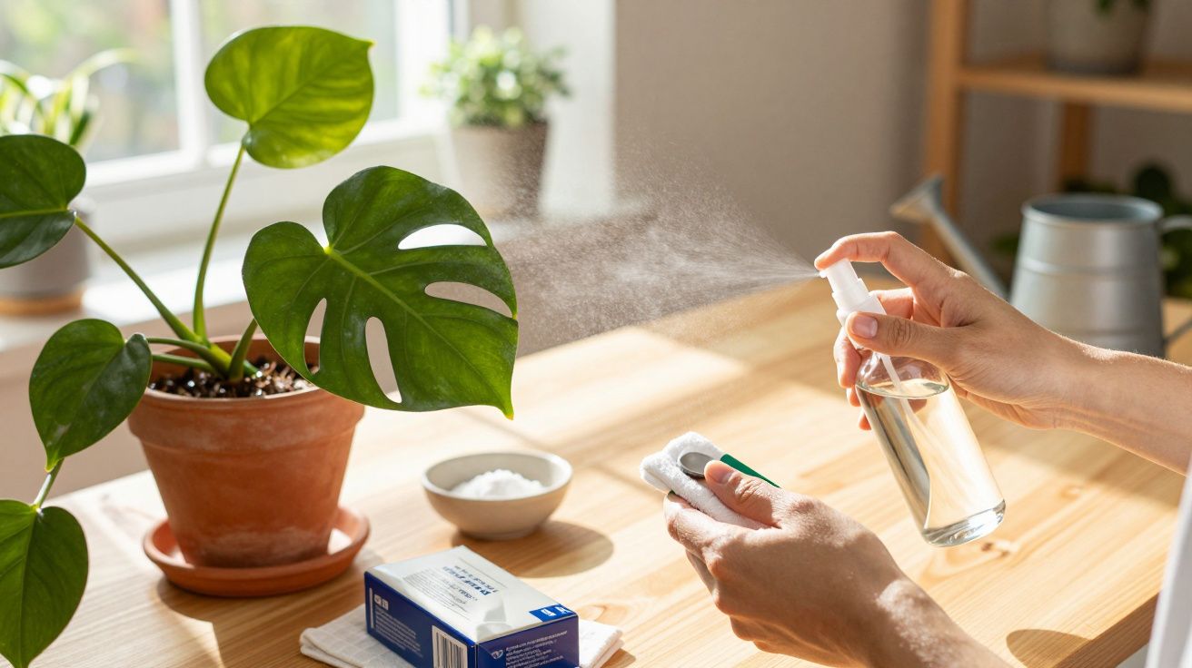 Pessoa a pulverizar folhas de planta com solução caseira num interior iluminado pelo sol.