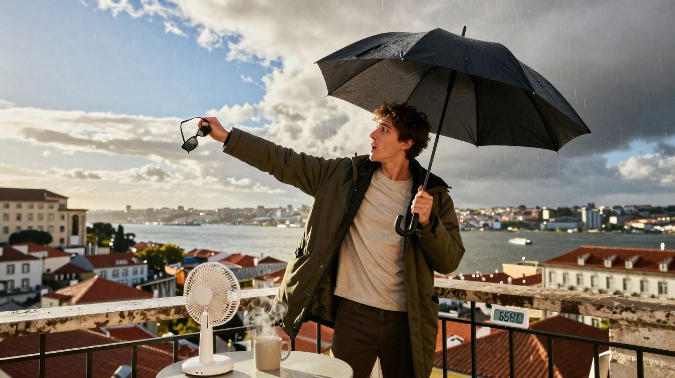 Homem com guarda-chuva aponta óculos de sol durante chuva numa varanda com vista para cidade e rio.
