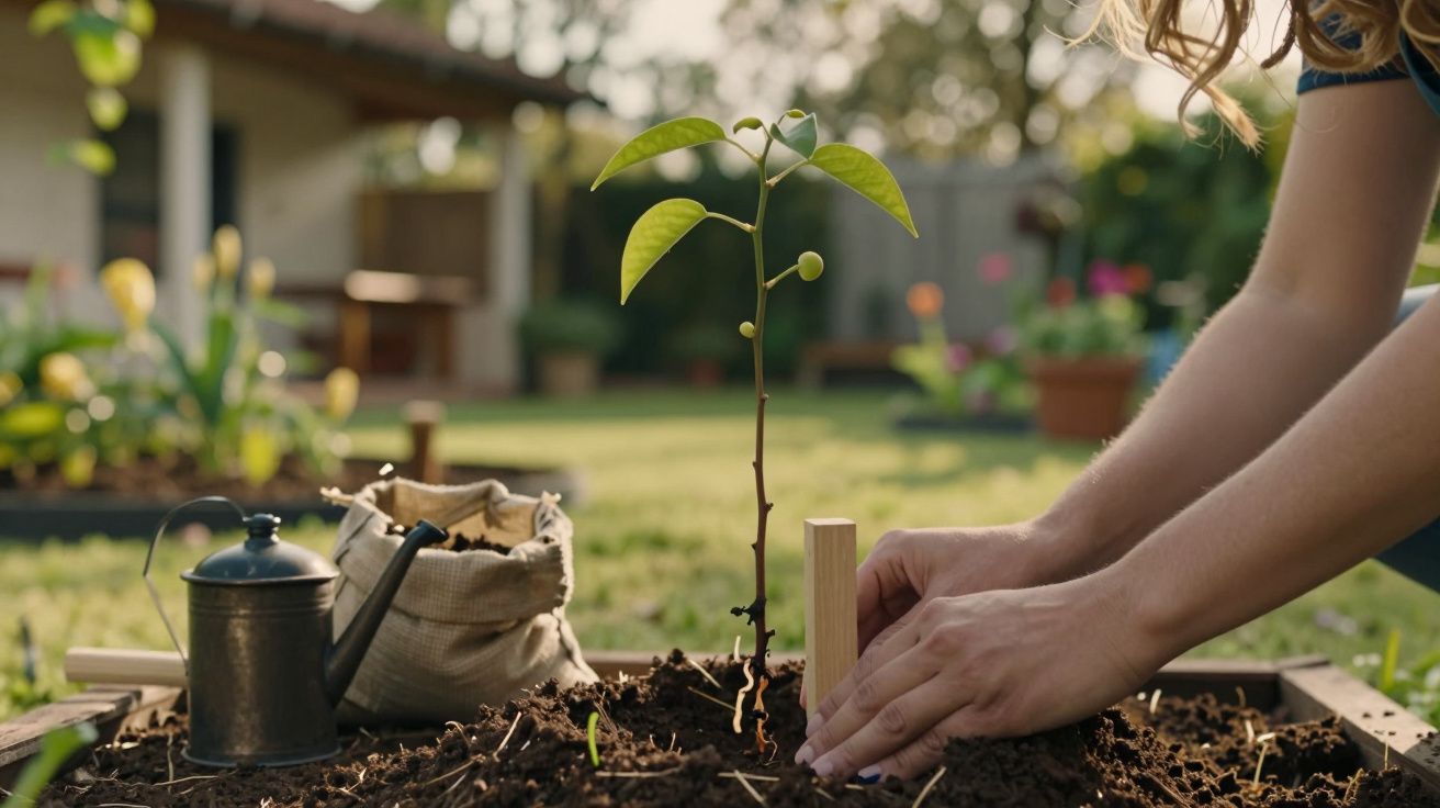 Pessoa a plantar uma muda numa pequena horta com regador e saco de terra ao lado.