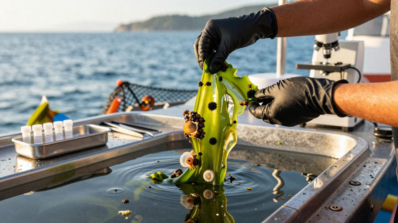 Mãos com luvas a manipular amostra de macroalga verde com pequenos organismos marinhos num barco.