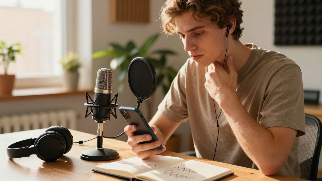 Jovem a gravar podcast em casa, com microfone, headphones e smartphone, consultando notas num caderno.