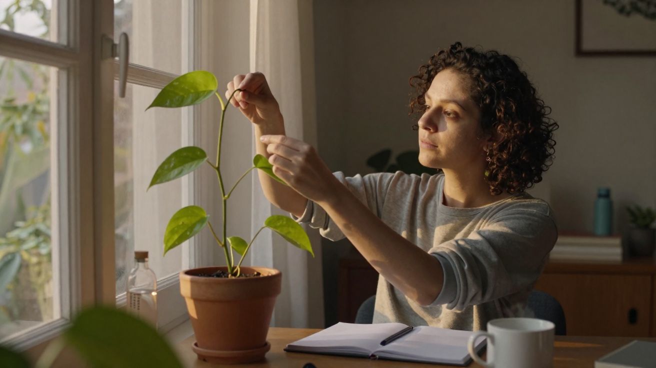 Pessoa cuidar de planta em vaso junto à janela com caderno e chávena numa mesa interior.