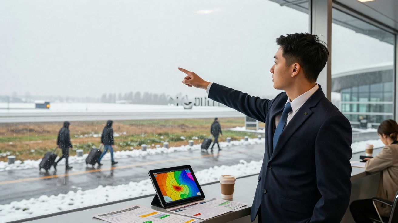 Homem de negócios em escritório com ecrã tátil aponta para o exterior durante chuva enquanto passageiros passam com malas.