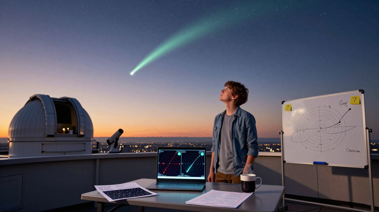 Jovem observa cometa no céu ao pôr do sol, ao lado de telescópio, laptop e quadro com diagramas astronómicos.