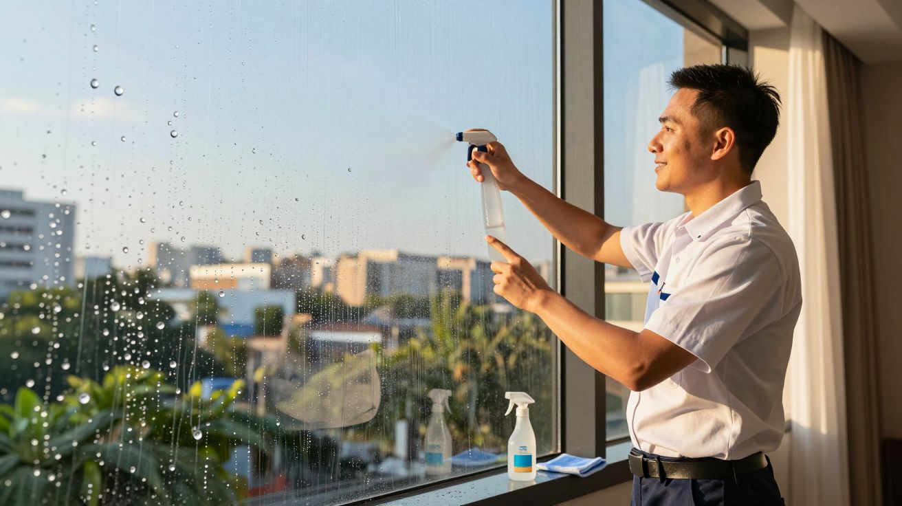 Homem a limpar uma janela grande com um pulverizador, com vista para a cidade ao fundo.