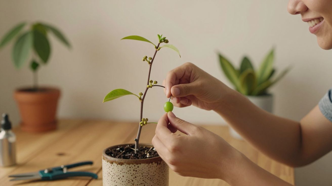 Pessoa a cuidar de planta com pequenos frutos verdes num vaso sobre uma mesa de madeira.