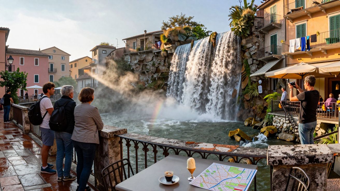 Cascata artificial numa zona urbana com pessoas a observar, mesas com bebida e mapa numa esplanada próxima.