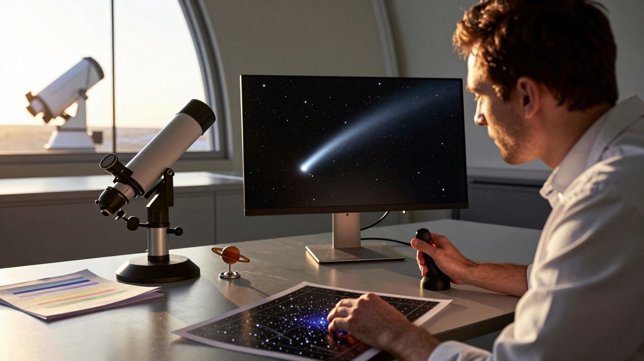 Homem observa no computador e no papel imagens do espaço com telescópio e planeta em miniatura na mesa.