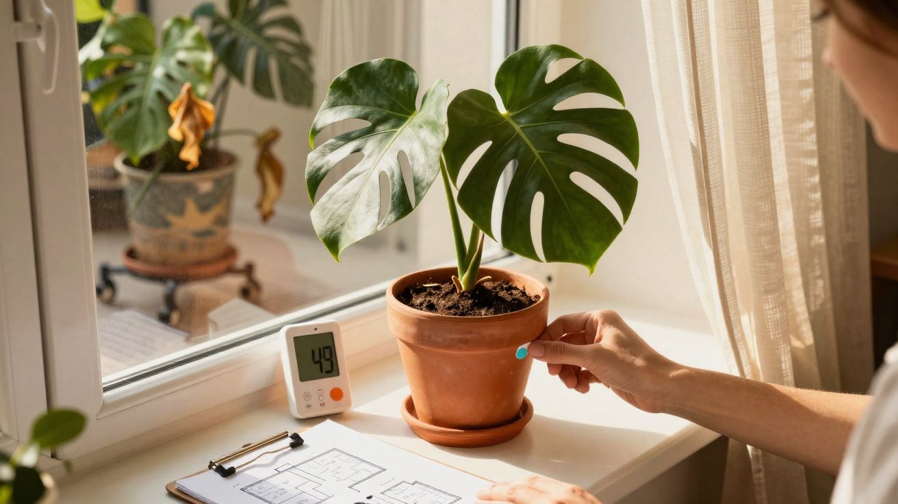 Pessoa a cuidar de planta Monstera em vaso de barro junto a janela com medidor de humidade e prancheta.