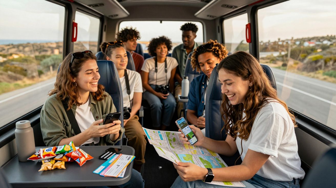 Grupo de jovens dentro de autocarro a consultar mapa e telemóveis durante viagem numa paisagem rural.