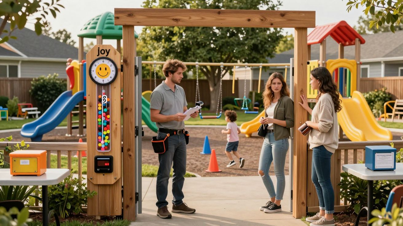 Três adultos conversam na entrada de um parque infantil com escorregas e um menino a brincar ao fundo.