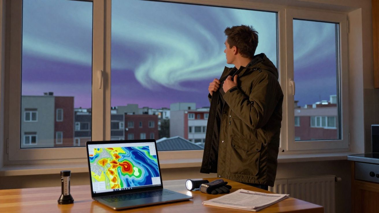 Homem de casaco observa a aurora boreal pela janela, com computador e equipamento de análise meteorológica na mesa.