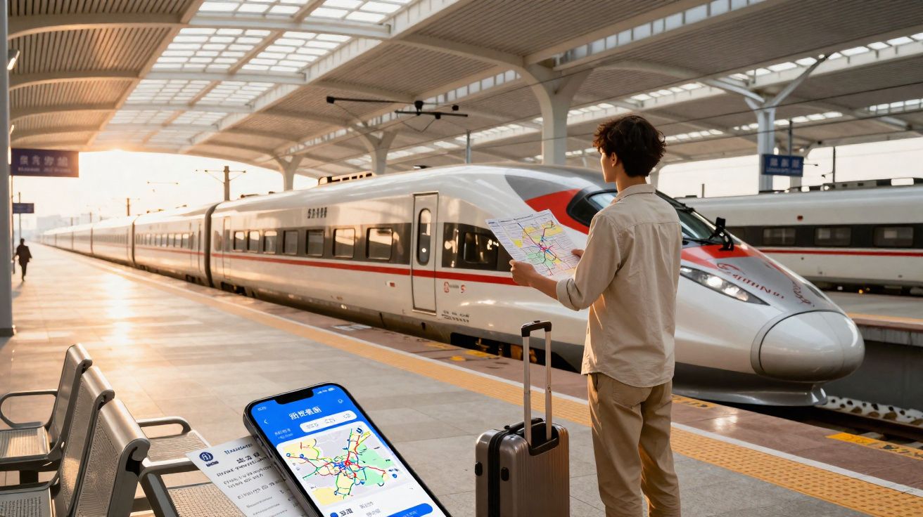 Jovem com mala e mapa na estação de comboios ao lado de comboio de alta velocidade branco.