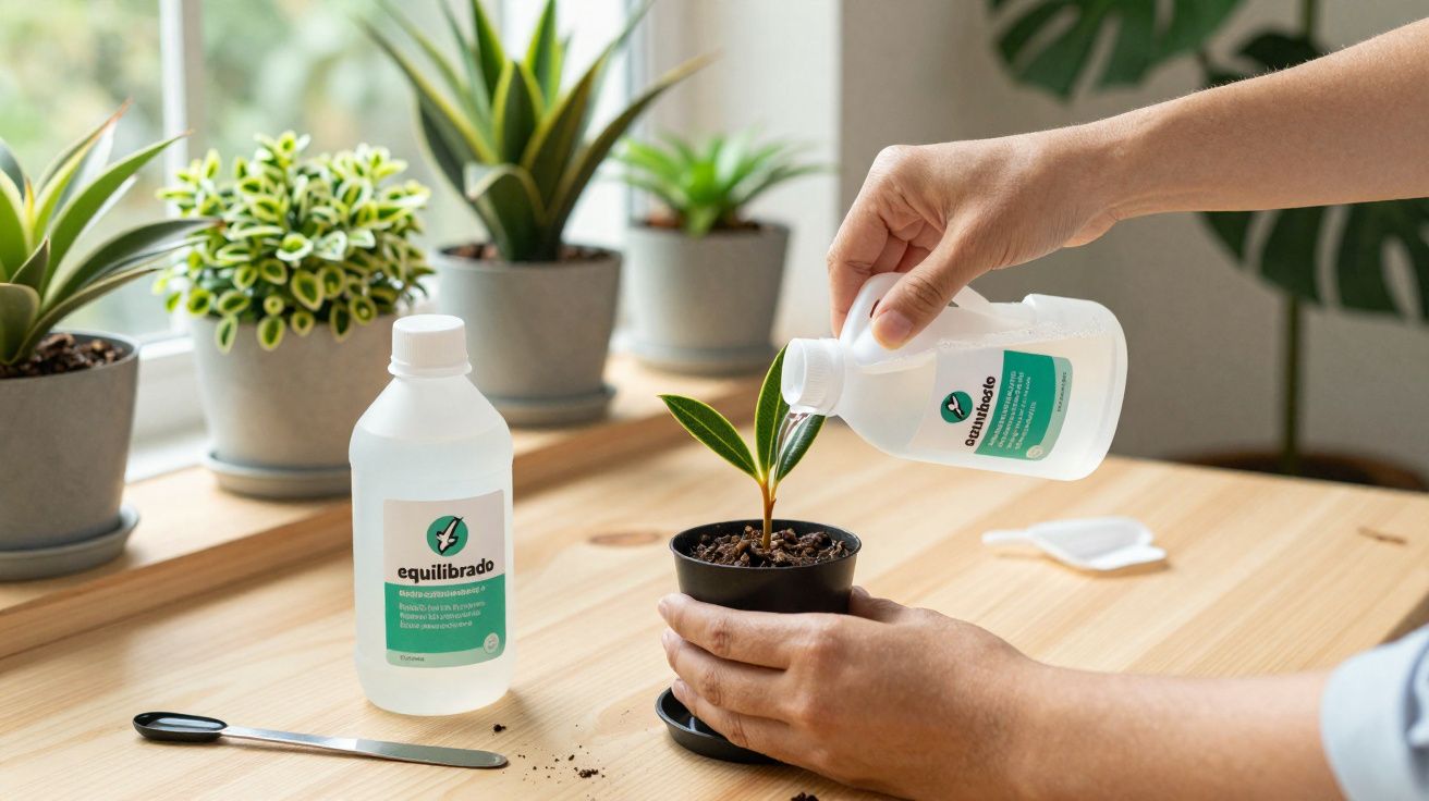 Pessoa a regar uma pequena planta num vaso preto com líquido de embalagem rotulada "equilibrado" num ambiente interior com pl