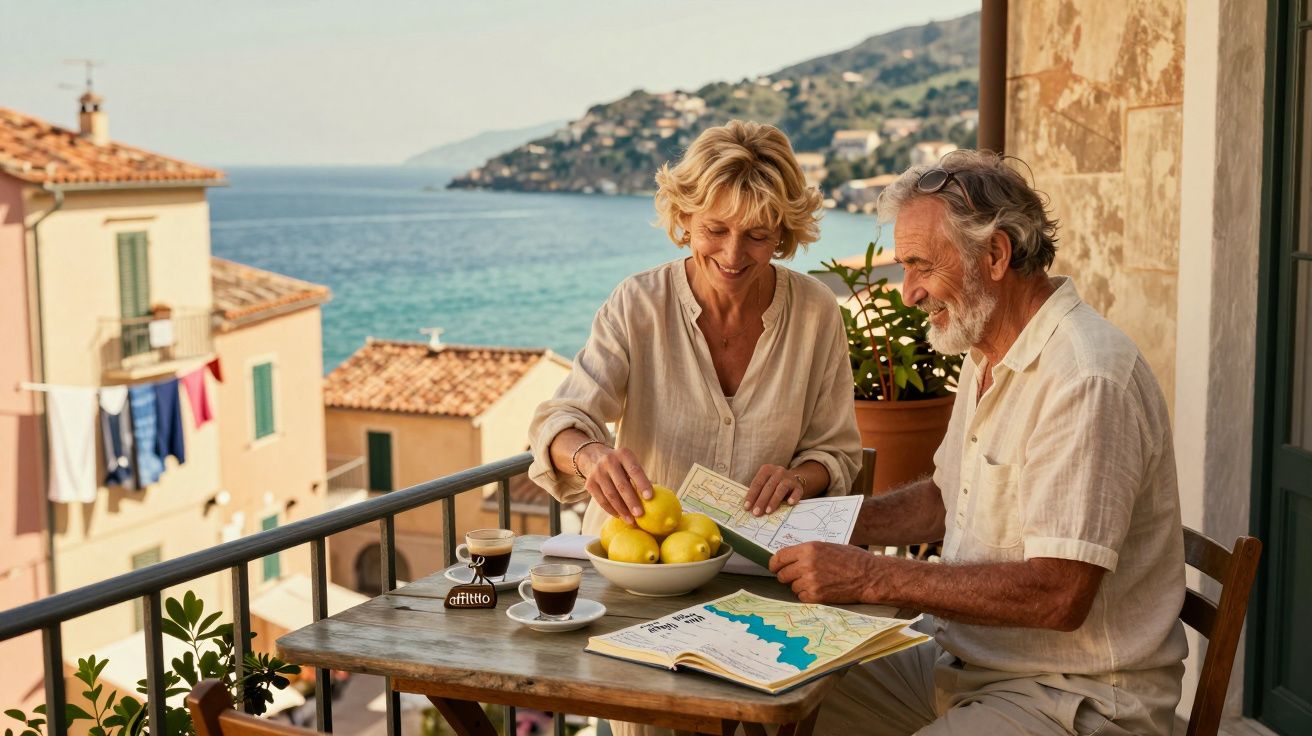 Casal sénior sentado numa varanda com vista para o mar, a planear viagem e a beber café.