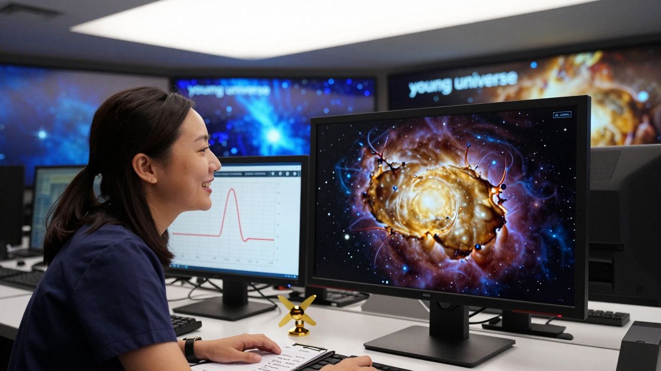 Mulher sorridente analisando imagens espaciais e gráficos em monitores num laboratório de astronomia.