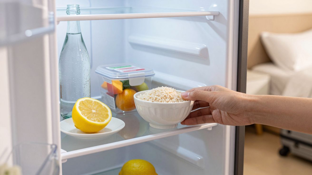 Mão a colocar tigela de arroz dentro do frigorífico com limão cortado e frutas frescas no interior.