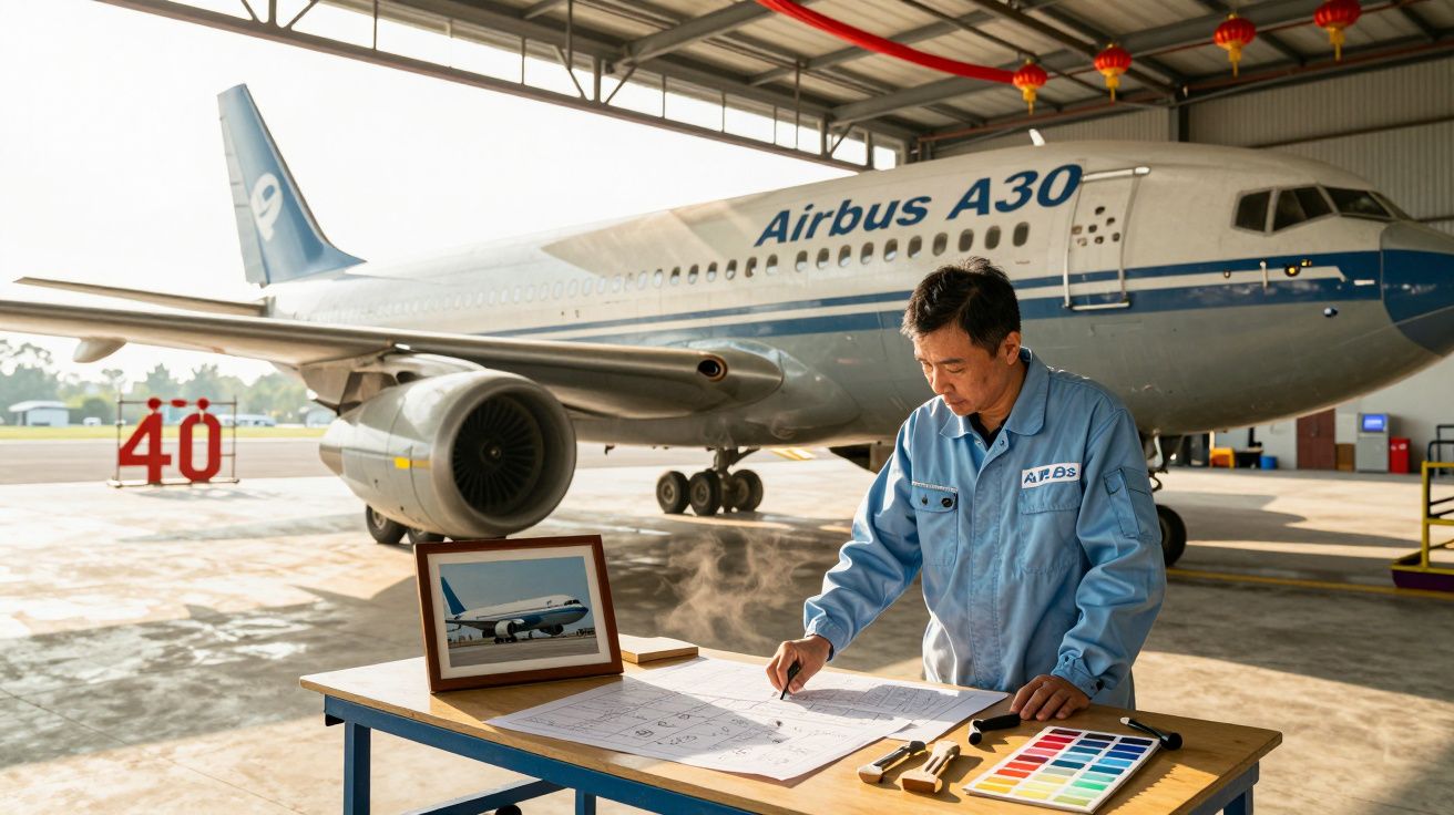 Técnico de aviação em fato azul a analisar desenhos técnicos numa mesa com um Airbus A30 estacionado numa hangar.