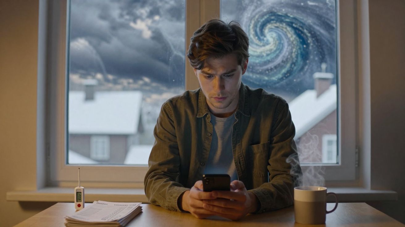 Jovem sentado à mesa a olhar para o telemóvel com céu tempestuoso e galáxia visíveis pela janela atrás dele.