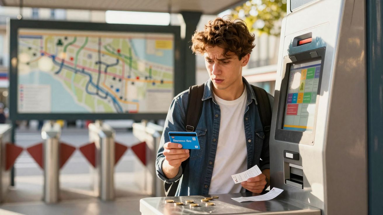 Jovem com mochila usa cartão para comprar bilhete numa máquina de transporte público com mapa ao fundo.