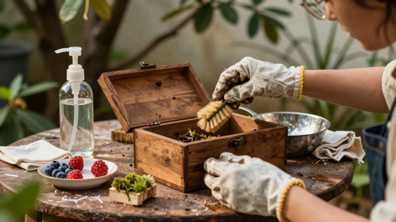Pessoa a limpar uma caixa de madeira com escova, restos de plantas e frutos numa mesa ao ar livre.