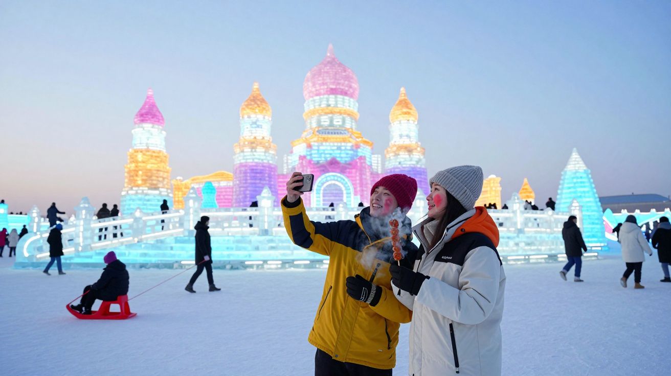 Duas pessoas a tirar selfie com castelo iluminado de gelo ao fundo num dia frio de inverno.