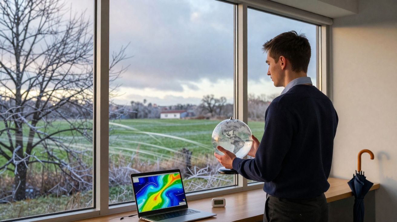 Homem observa globo terrestre junto a janela com vista para campo e laptop aberto numa mesa.