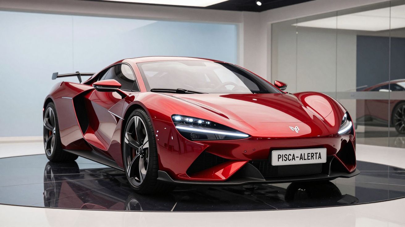 Carro desportivo vermelho brilhante exibido numa sala moderna com espelhos nas paredes.
